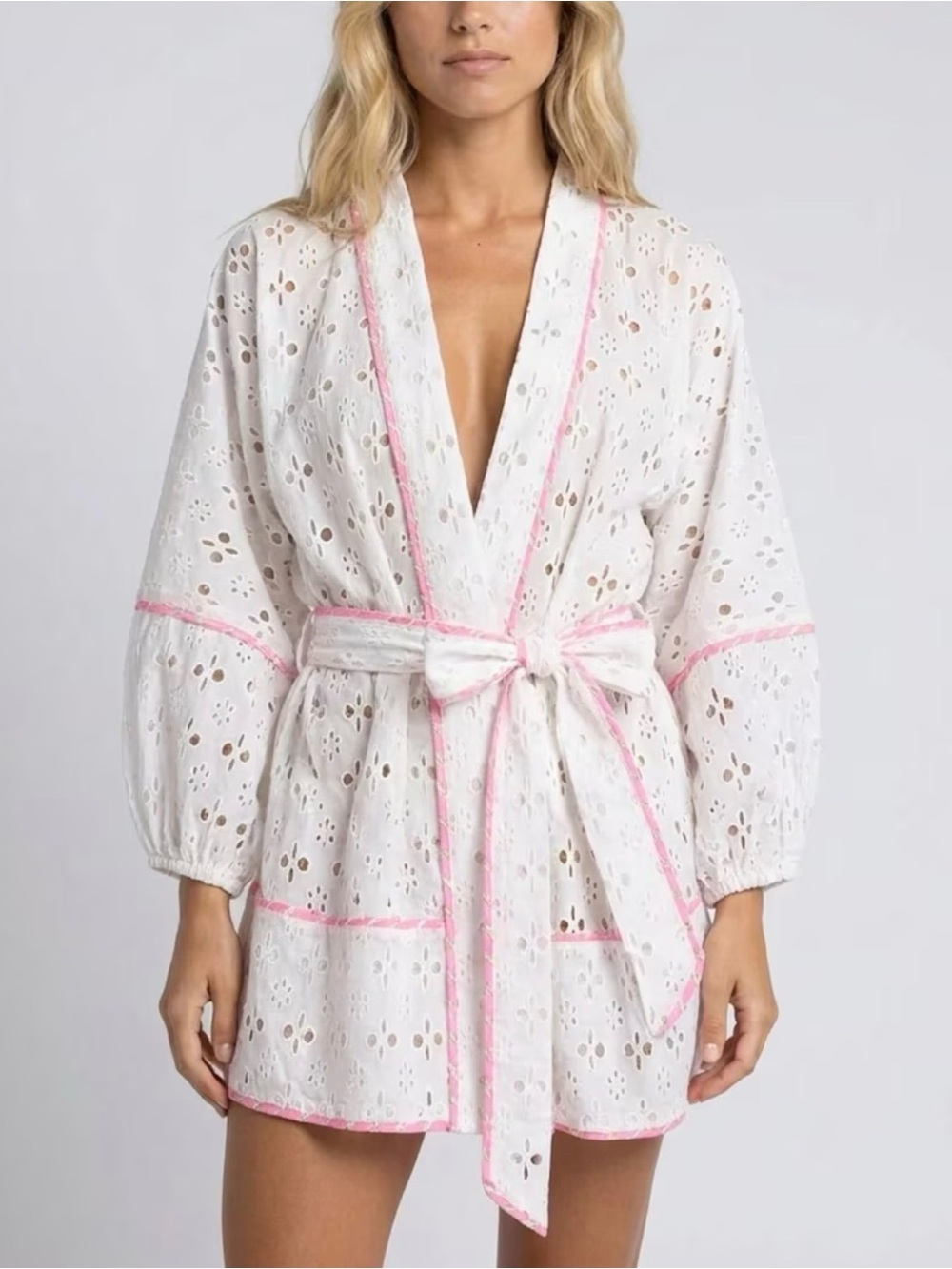 White Eyelet Kimono with Pink Trim Cover up - barely worn